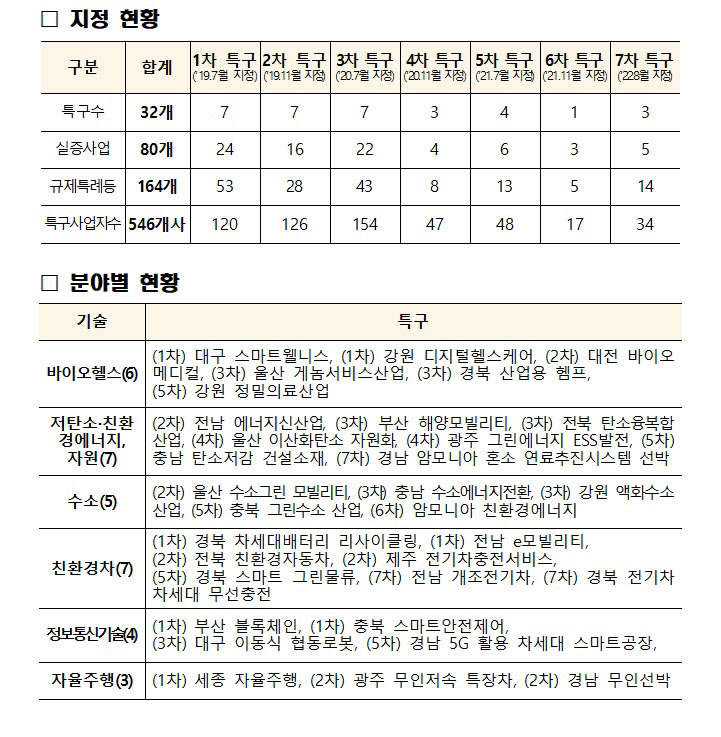 규제자유특구 지정 현황